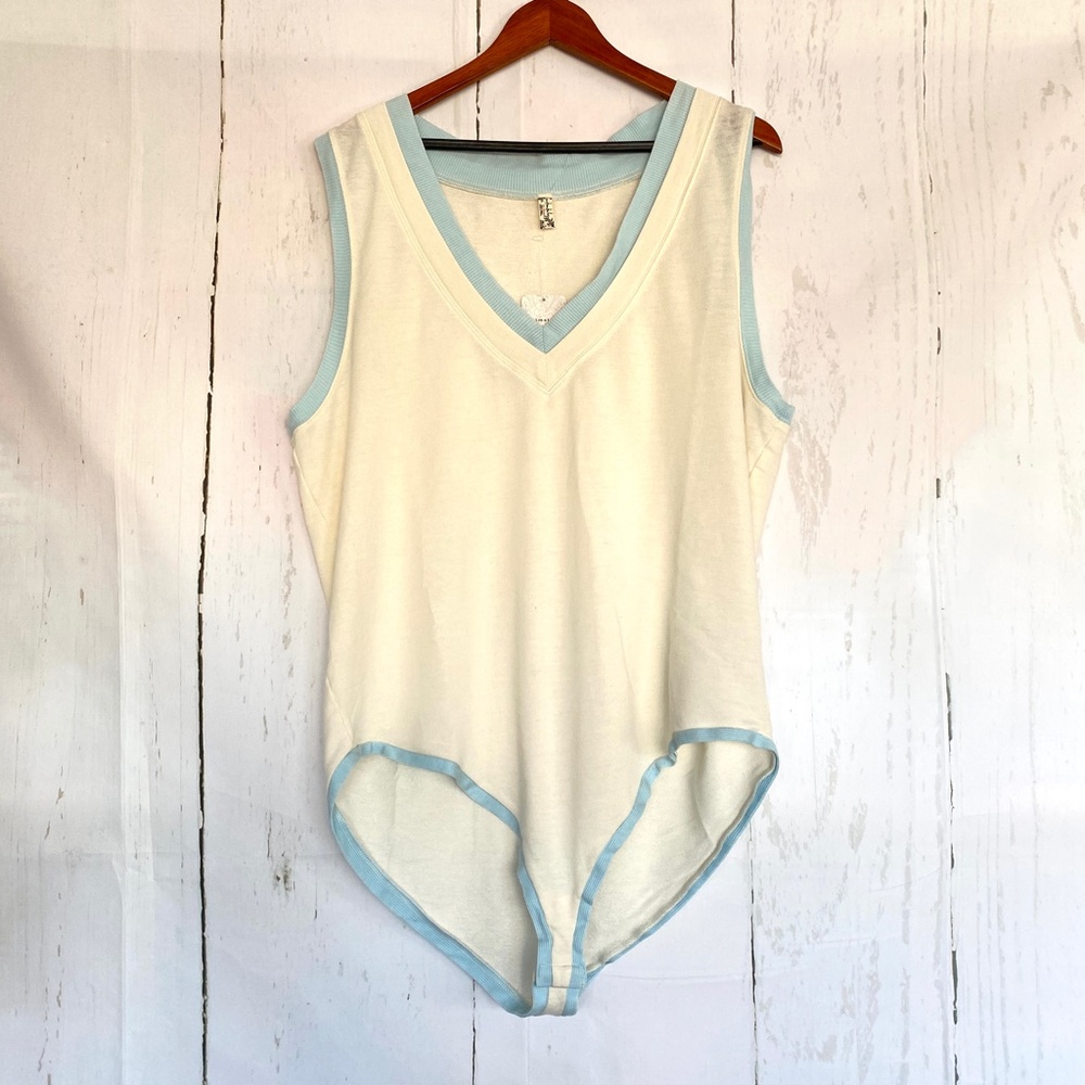 NWT FREE PEOPLE Cozy Cool Girl Tank Bodysuit Women Ivory Blue Contrast XL - Picture 2 of 8